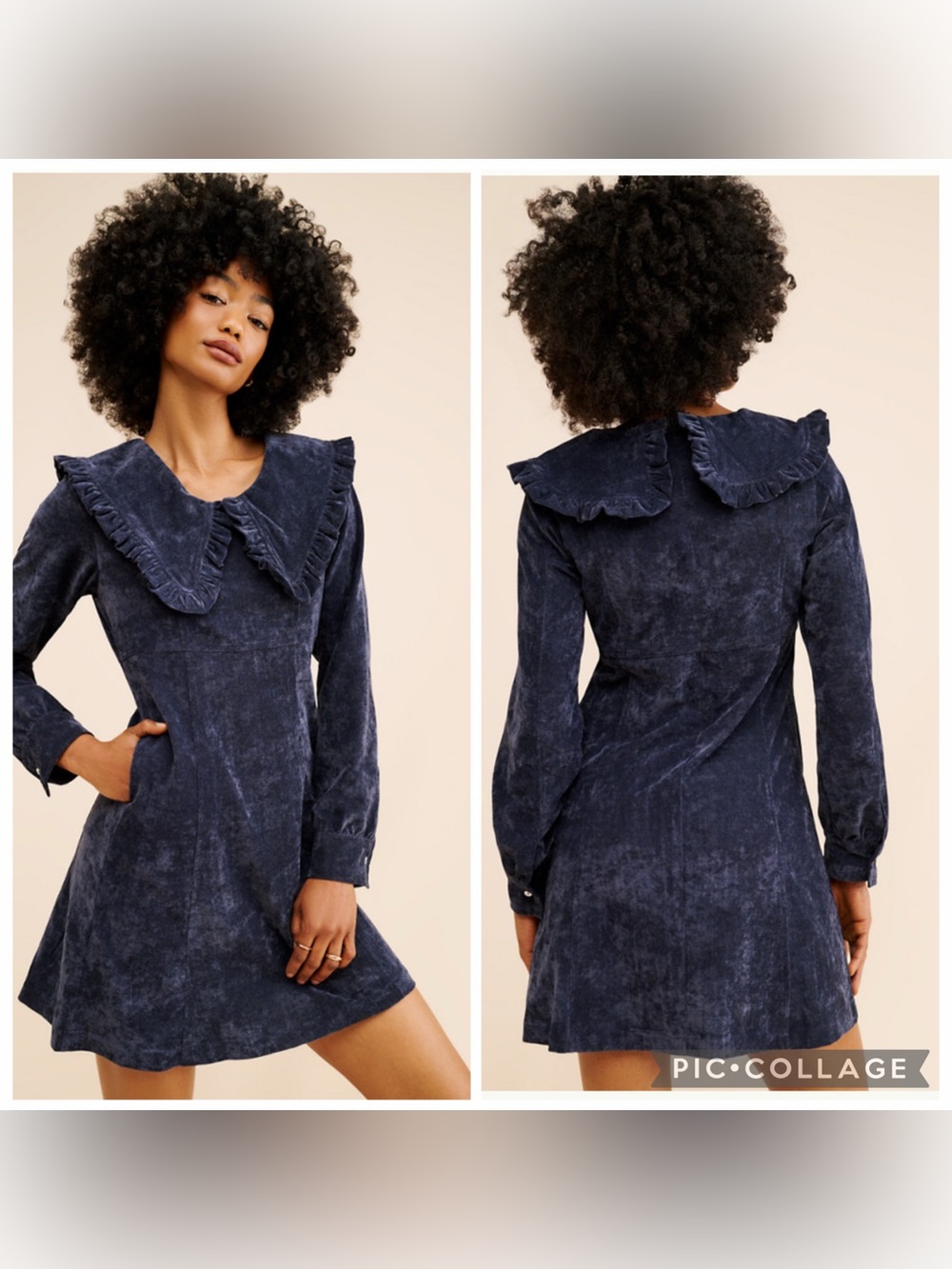 Anthropologie Blue Tassel Oversized Collar Corduroy Mini Dress Size XS